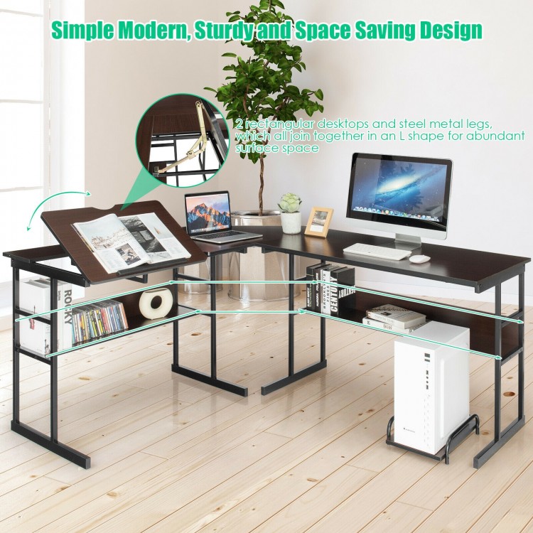 L-Shaped Computer Desk with Tiltable Tabletop