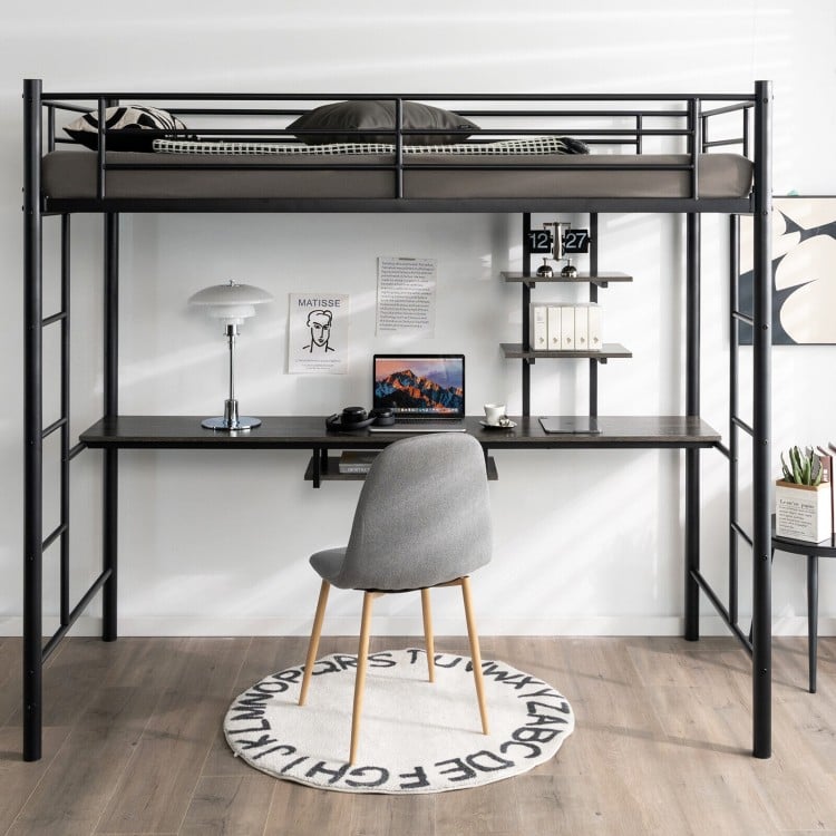 Twin Size Loft Bunk Bed with Desk Storage Shelf and Full-Length Ladders