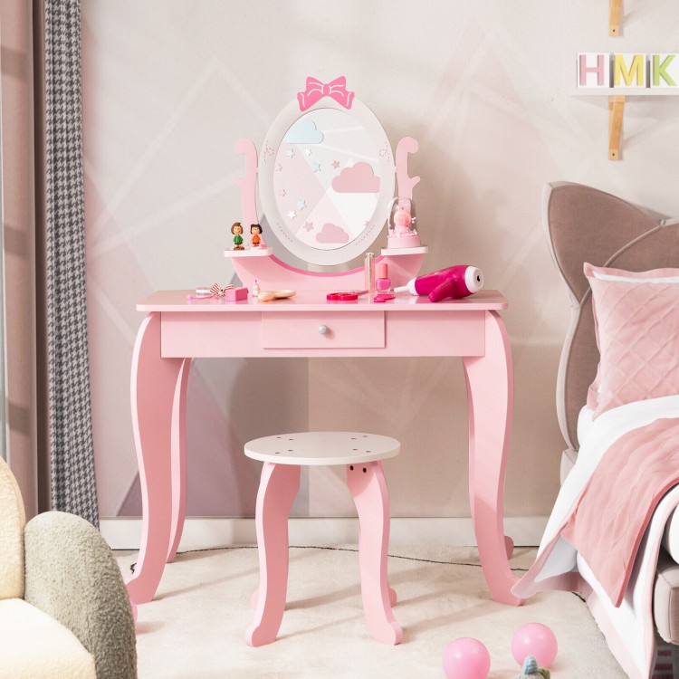 Kid Vanity Table Stool Set with Oval Rotatable Mirror