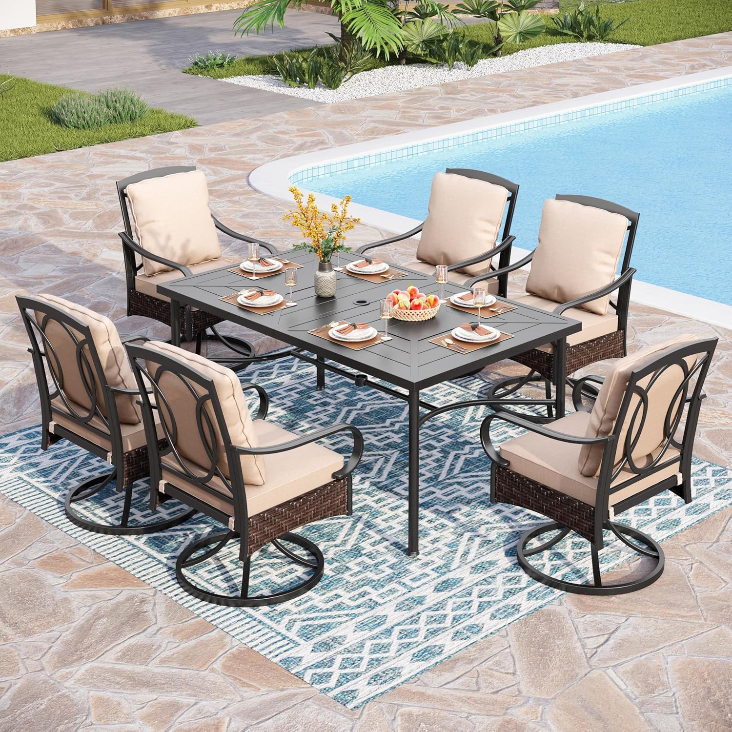 PHI VILLA 6-Piece Outdoor Dining Sets, All-Weather Patio Table and Chairs Set with Umbrella for 4, Heavy Duty Patio Round Table Set for Deck, 4 Extra Large Outdoor Swivel Chairs with Thick Cushions