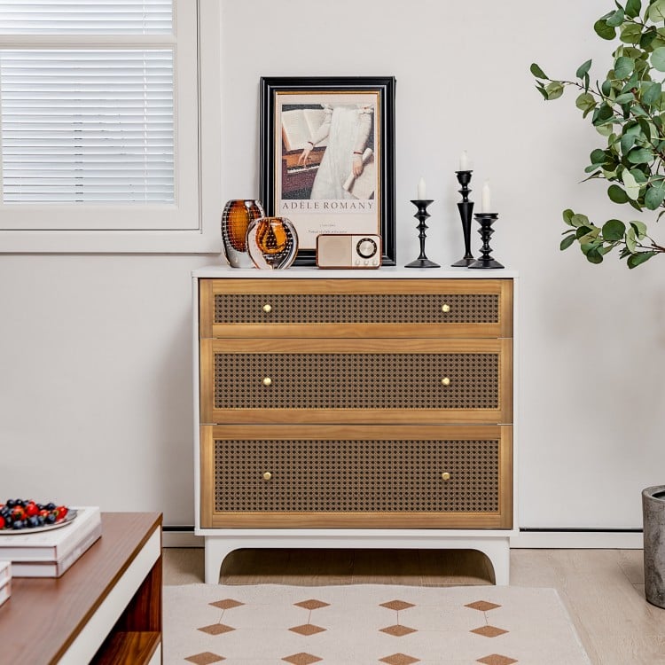 3-Drawer Rattan Dresser Chest with Anti-toppling Device