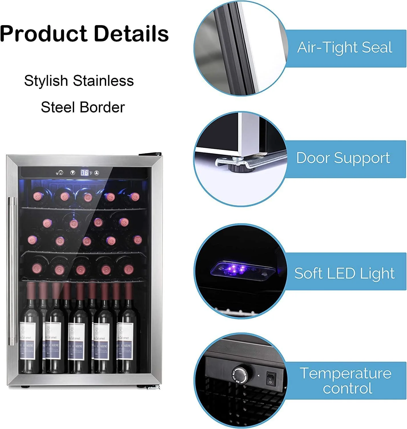 Antarctic Star Wine Cooler, 36 Bottle, Stainless Steel, Double Glass Door, Touch Screen, 4.4 Cu.Ft, Freestanding