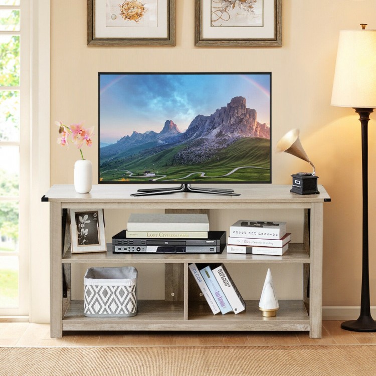 3 Tier Wood TV Stand for 55-Inch with Open Shelves and X-Shaped Frame