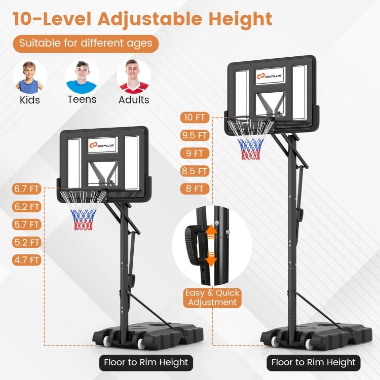 Portable Basketball Hoop with 4.6 to 10 Feet 10-Level Height Adjustable