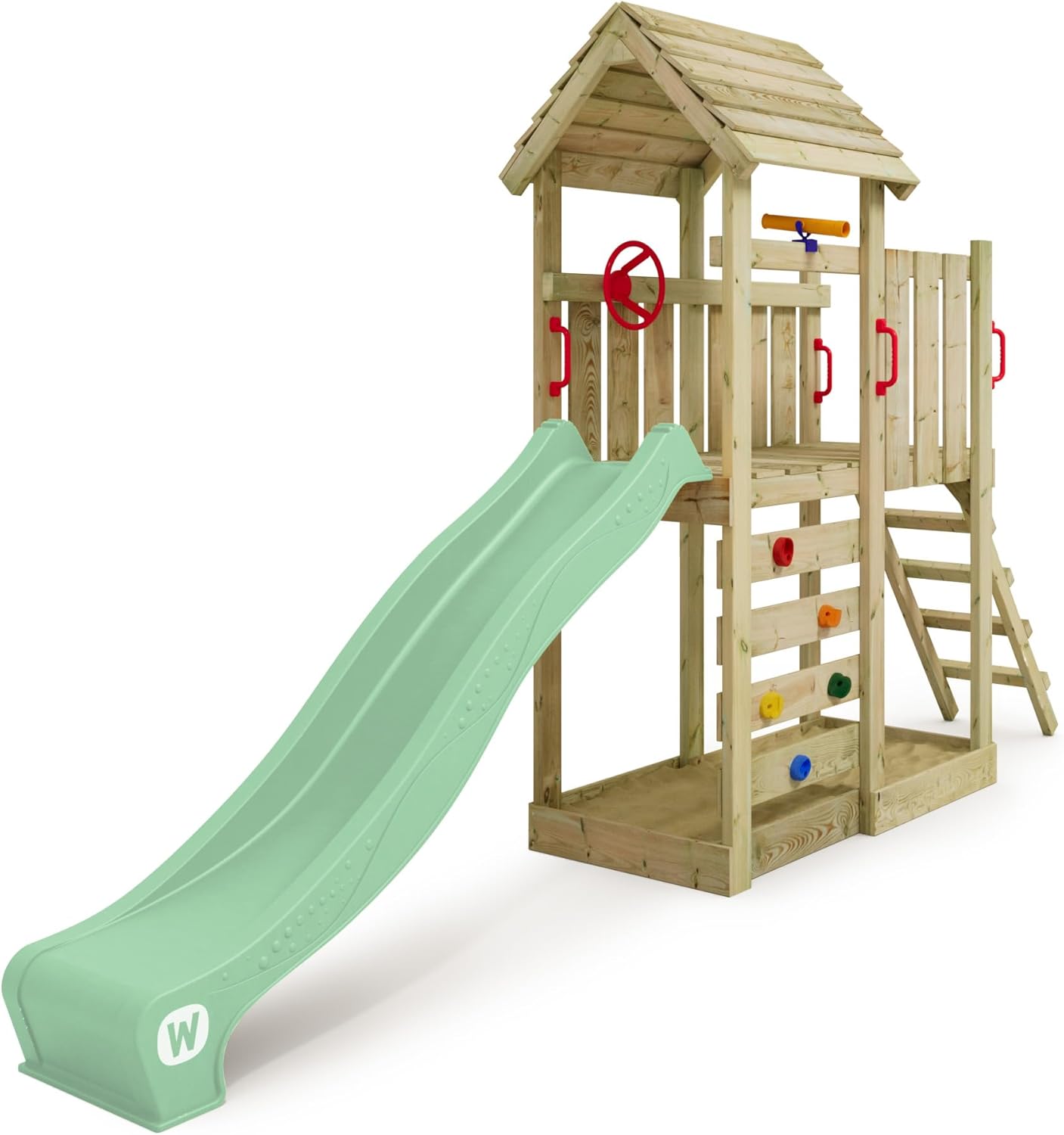 WICKEY Spiltårn klatrestativ JoyFlyer med trætag & rød rutsjebane, udendørs børn klatretårn med sandkasse, stige & spil tilbehør til haven