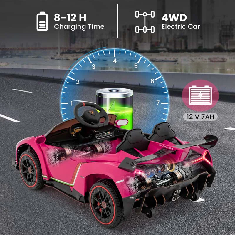 Lamborghini Licensed Kids Ride On 4WD Sports Car, 12V Battery Electric Vehicle Toy with Remote Control, 3 Speeds, Hydraulic Doors
