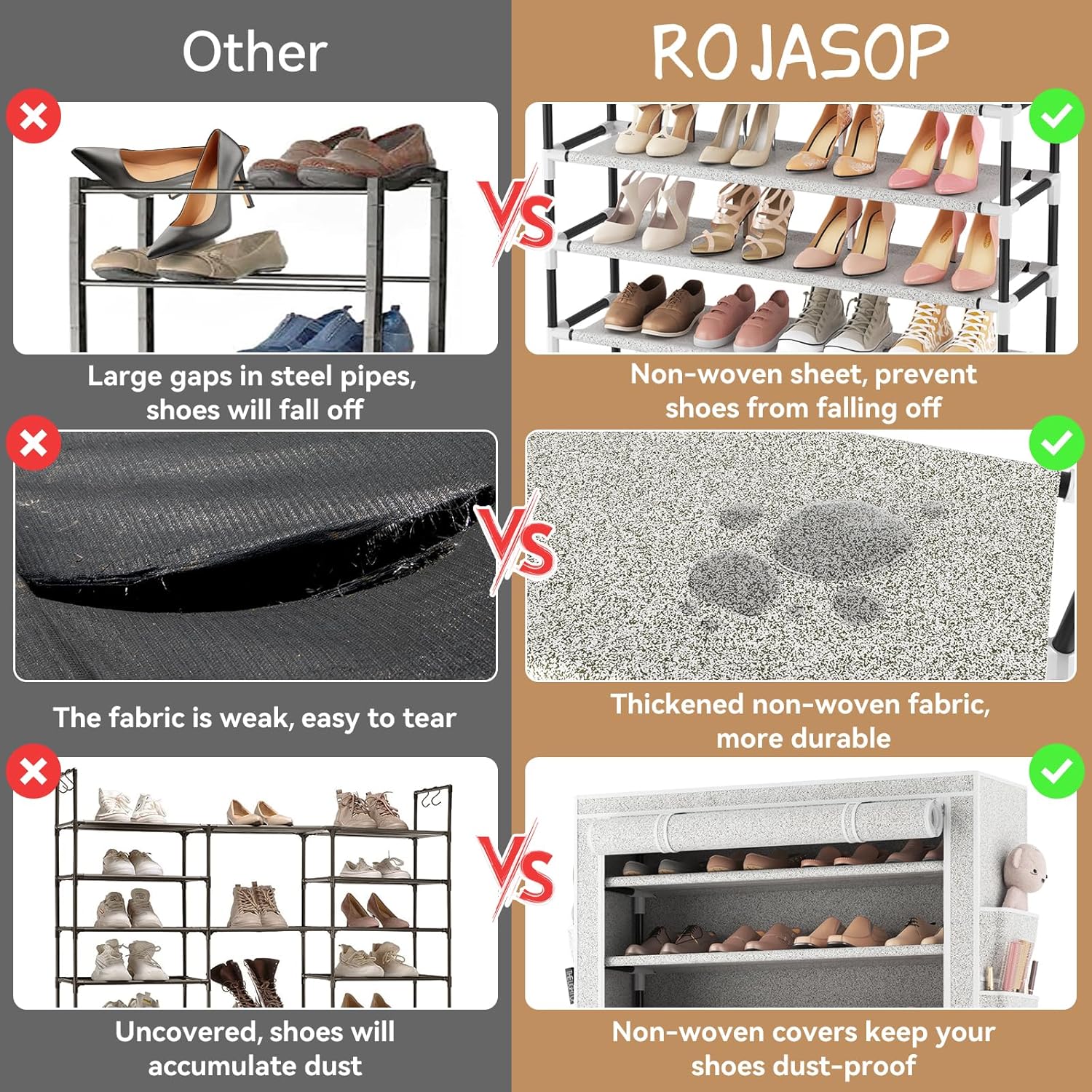 ROJASOP 10 Tier Shoe Rack with Covers,Large Capacity Stackable Tall Shoe Shelf Storage to 50-55 Pairs Shoes and Boots Sturdy Metal Free Standing Shoe Rack Organizer for Closet Entryway Garage