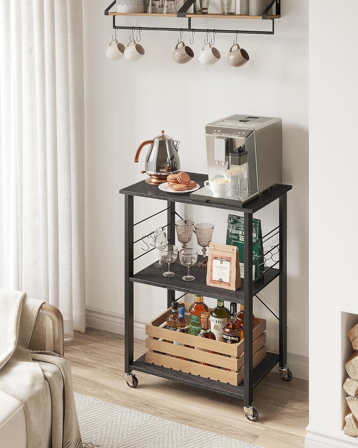 Rulbar køkkenø / køkkenvogn – 3 hylder 60x40x89 cm – Serveringsvogn Sort