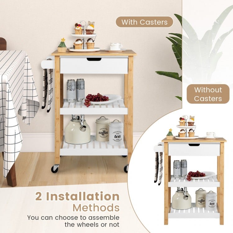 3-Tier Kitchen Island Cart Rolling Service Trolley with Bamboo Top