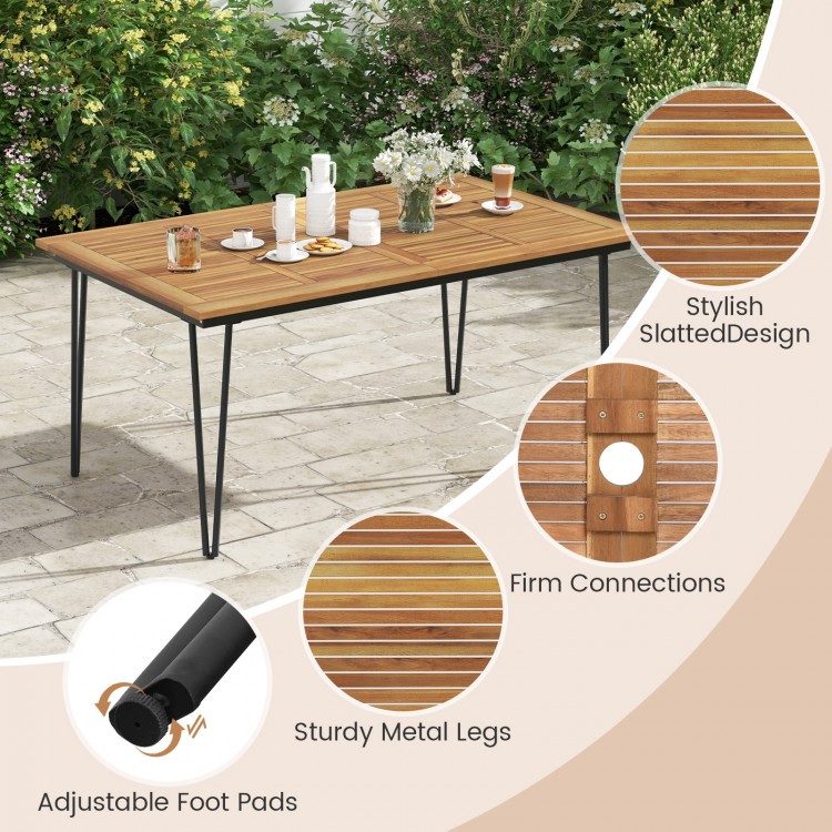 63/86.5 Inch Rectangular Outdoor Dining Table with Acacia Wood Tabletop and Umbrella Hole