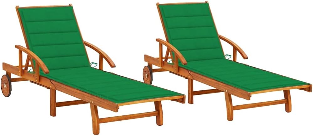 Rustik liggestole 2 stk. liggestol i træ, liggestol, liggestol, justerbar ryglæn, til terrasser, verandaer, baggårde, altaner, pools, med 2 hjul, med hynder af massivt træ akacie