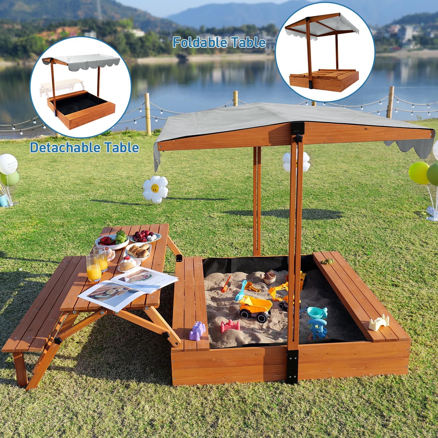 Wooden Kids Sandbox with Lid Outdoor Sand Box with Picnic Table Foldable, Sandpit with Cover Ages 4-8, Adjustable Canopy Bottom Liner for Backyard Garden