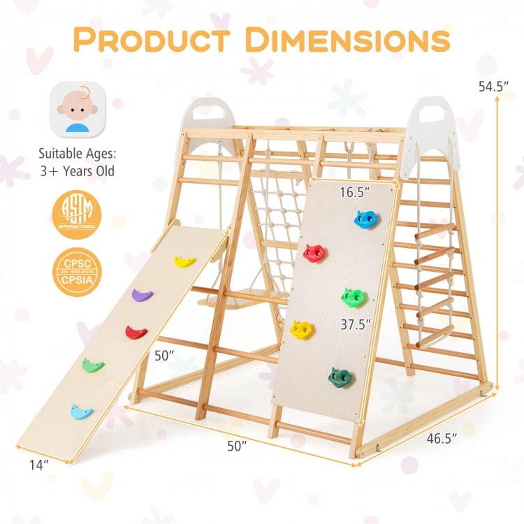 8-in-1 Wooden Jungle Gym Playset with Slide and Monkey Bars