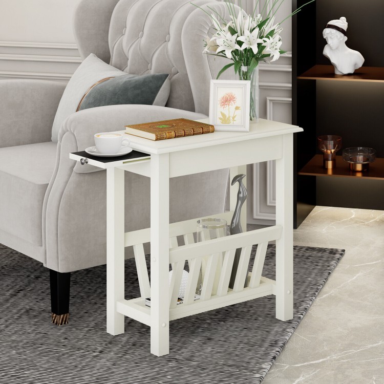 2-Tier Narrow End Table with Pull-out Tray and Solid Rubber Wood Legs