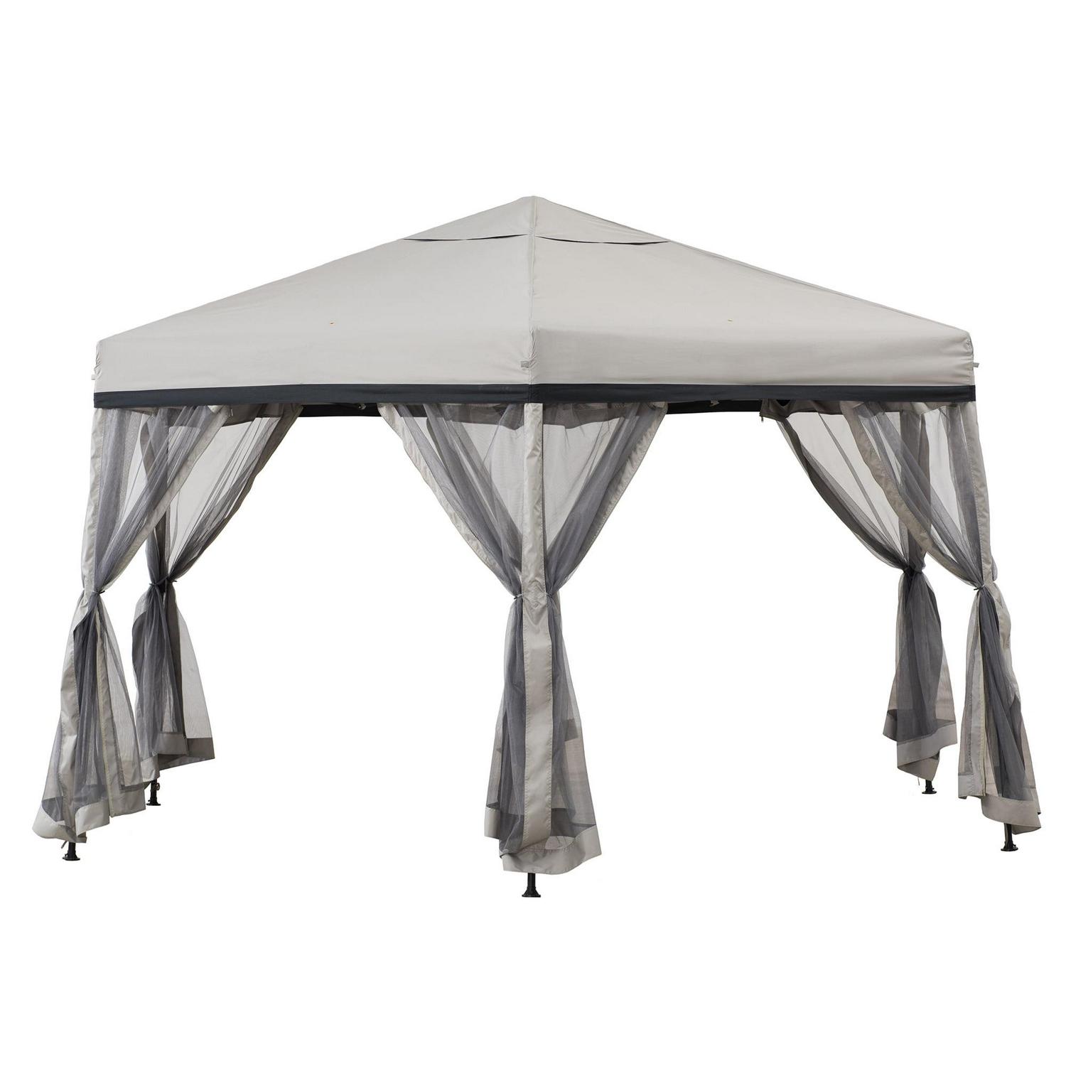 Sunjoy Millbrook 11×11 ft Portable Hexagon Steel Gazebo, Gray/Black, Pop-Up Canopy with Mesh Sidewalls