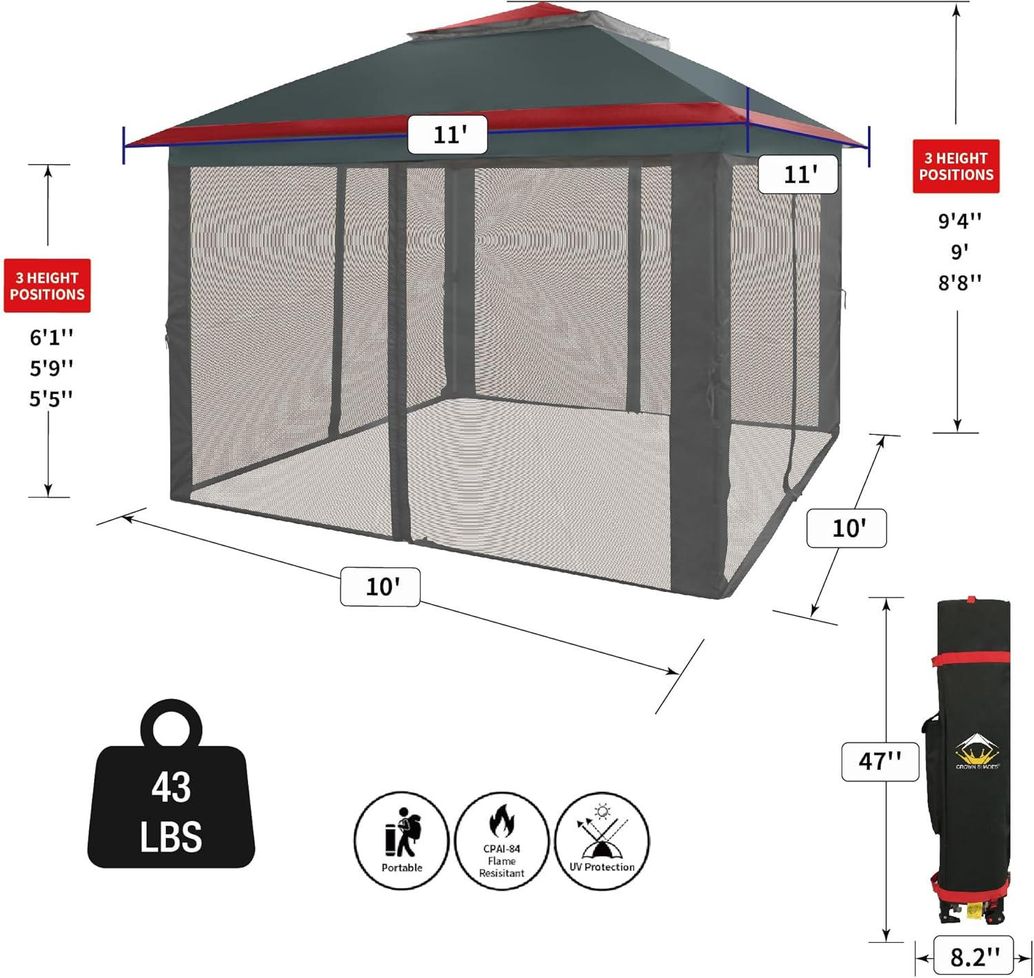 CROWN SHADES 13x13 Pop Up Gazebo, Canopy Tent, Gazebos on Clearance - Outdoor Gazebo for Backyard & Patio Furniture - Carpa Pop Up Tent with Wheeled STO-N-Go Cover Bag (White)