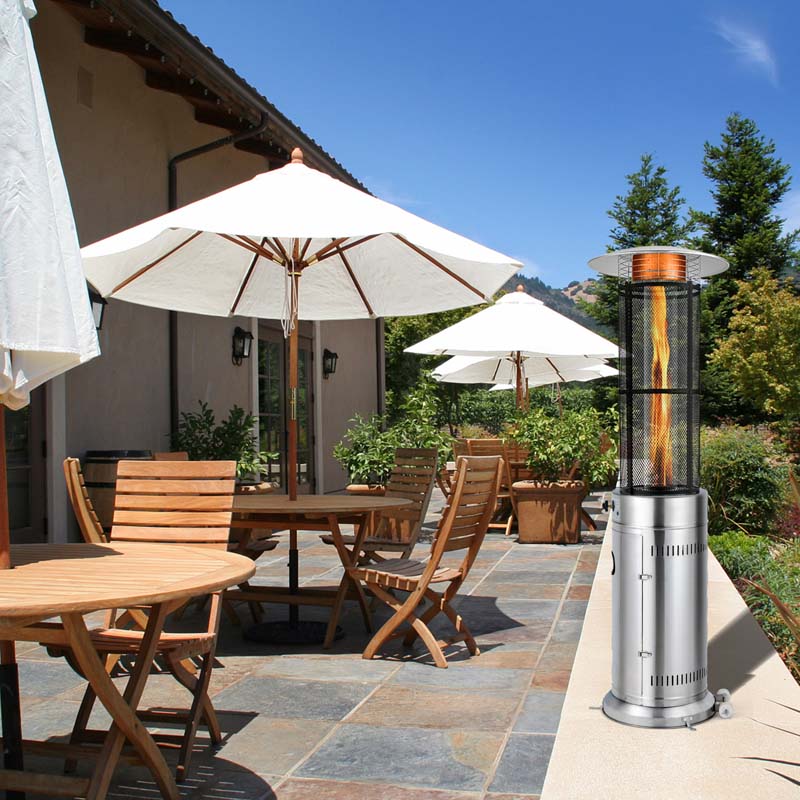 41000 BTU Standing Propane Patio Heater with Wheels, Stainless Steel Round Glass Tube Gas Outdoor Heater