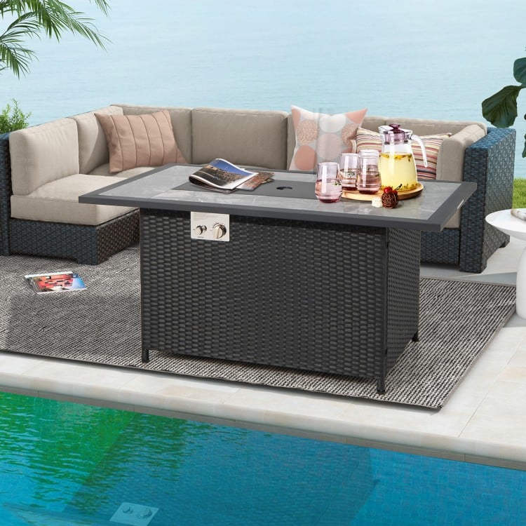 52 Inch Rattan Wicker Propane Fire Pit Table with Rain Cover and Lava Rock
