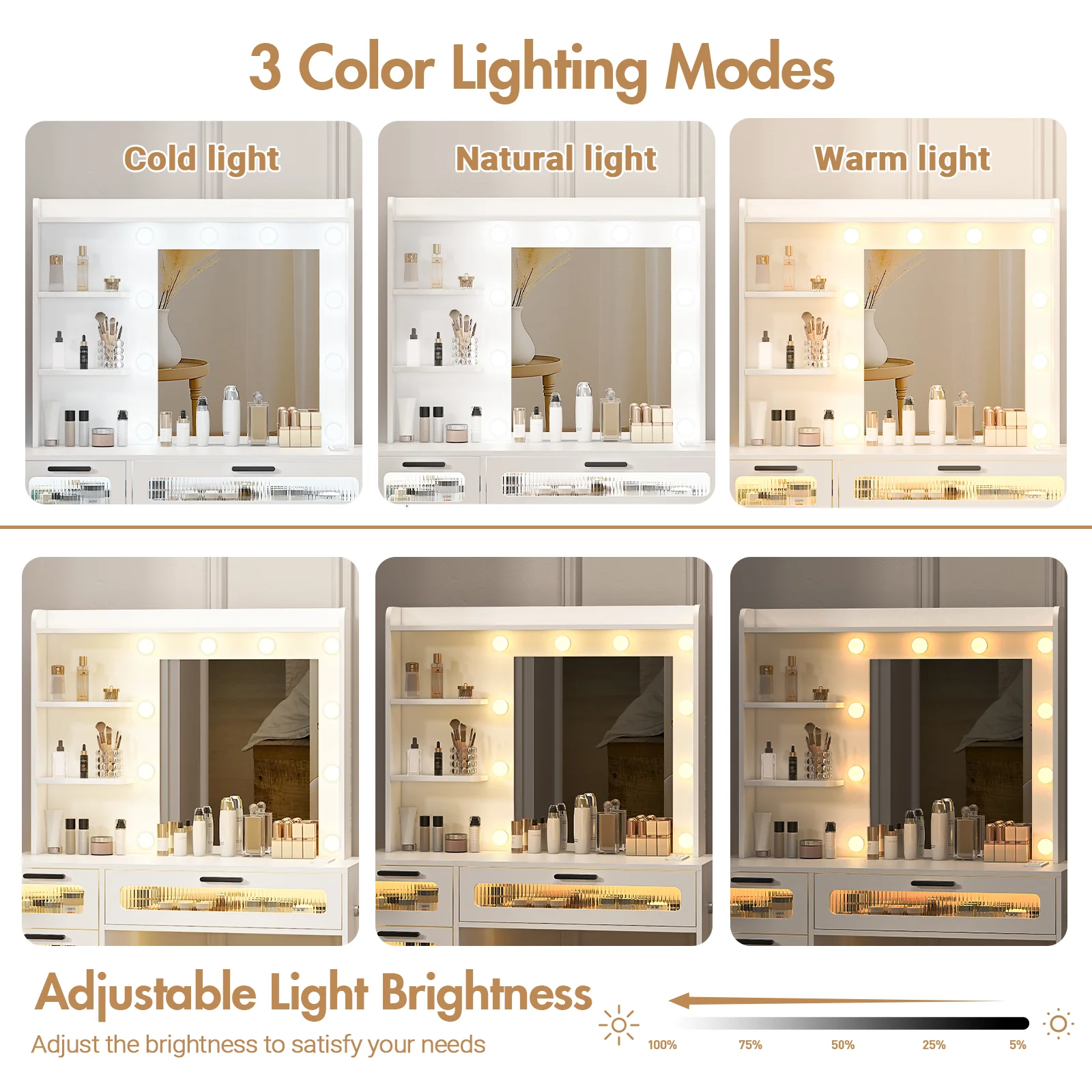 Dressing Table Stool Set with Glass Drawer