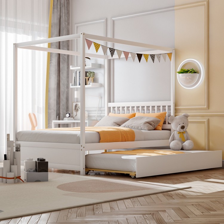 Full Size Canopy Bed Frame with Trundle and Headboard for Kids