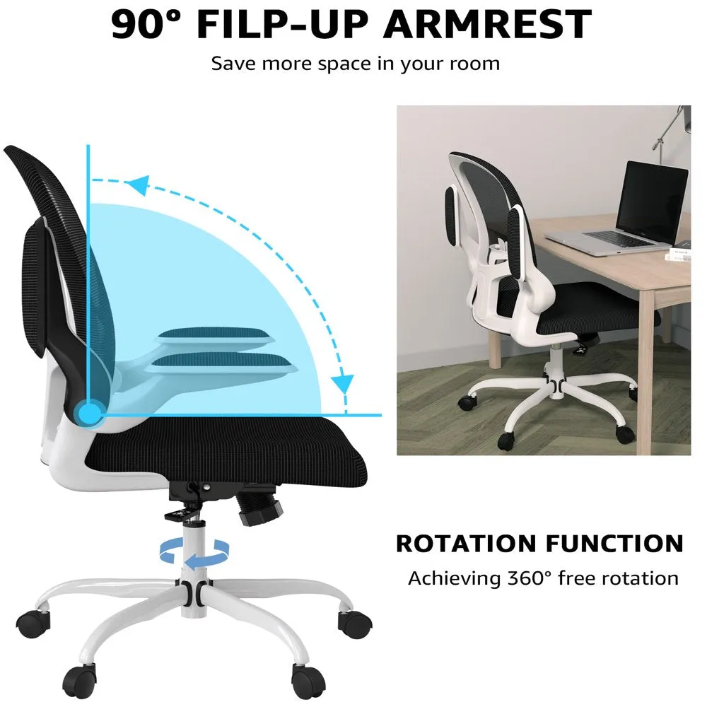Silybon Ergonomic Office Chair, Adjustable Height with Flip-Up Arms, Breathable Mesh, 300 lbs Capacity, White