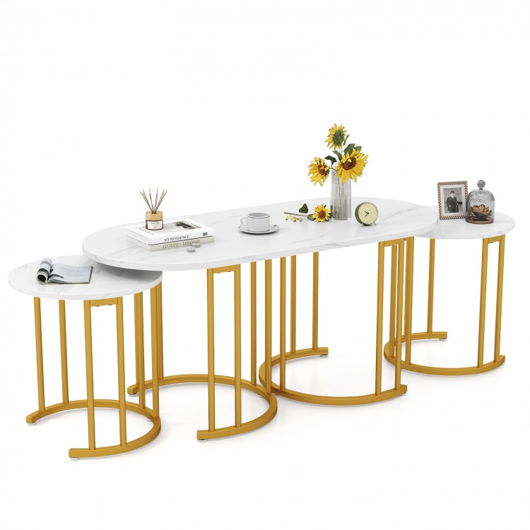 Nesting Coffee Table Set of 3 with Faux Marble Tabletop and Powder-coated Gold Metal Frame