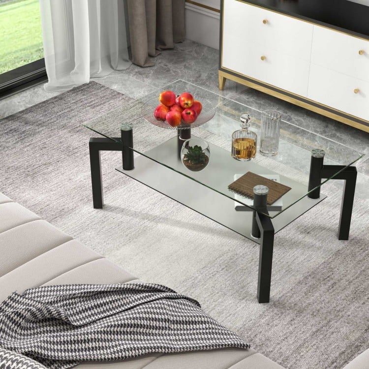 2-Tier Rectangular Glass Coffee Table with Metal Tube Legs