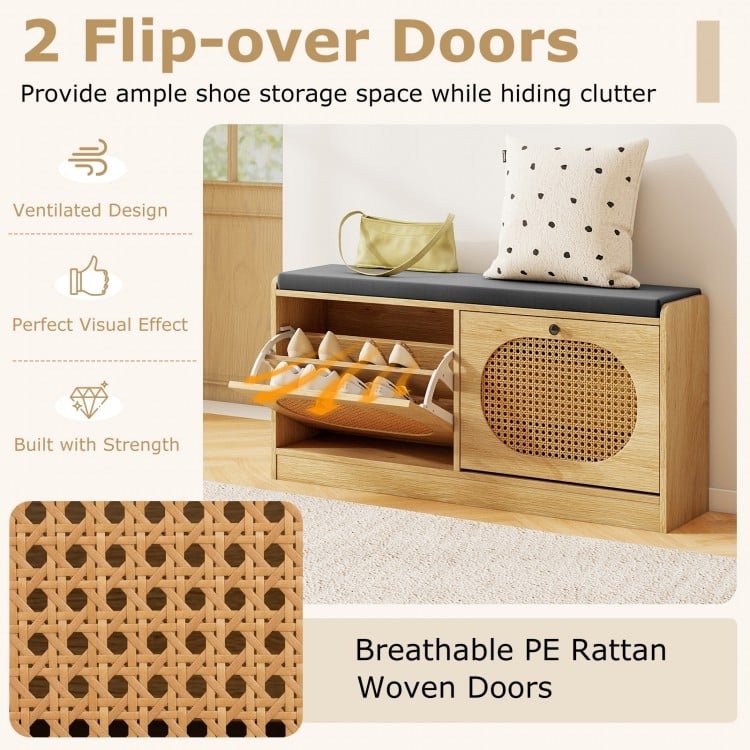 Shoe Storage Bench with Cushion Entryway Rattan Shoe Bench