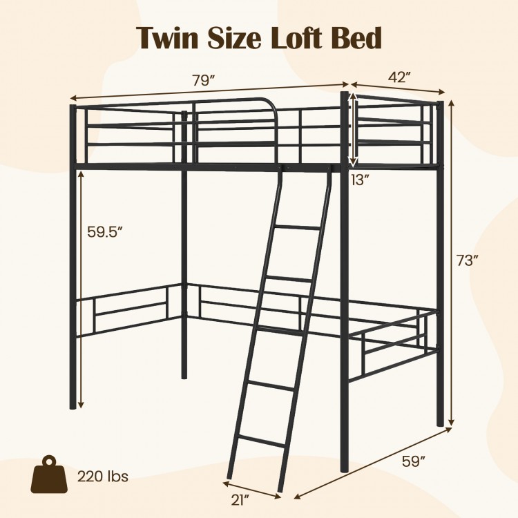 Twin Metal Loft Bed Frame with Ladder and Metal Slats Support