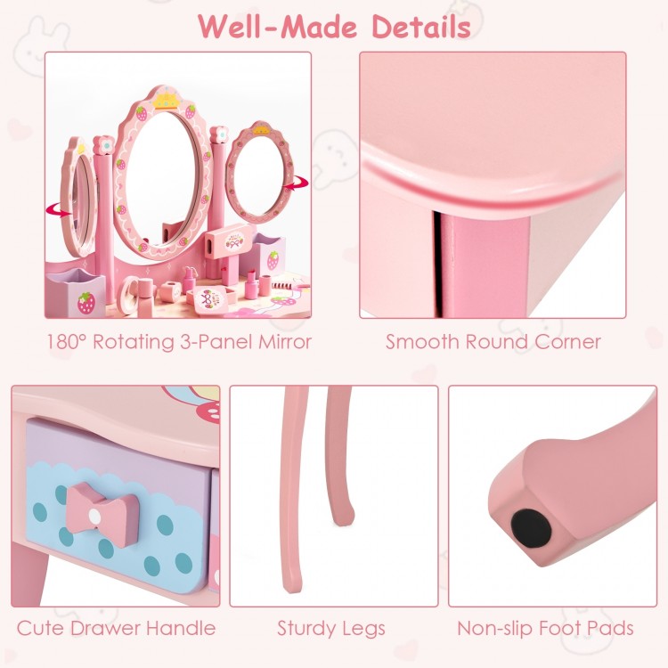 Kids Vanity Princess Makeup Dressing Table Chair Set with Tri-fold Mirror