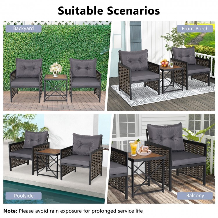 3 Pieces Patio Rattan Furniture Set with Acacia Wood Tabletop