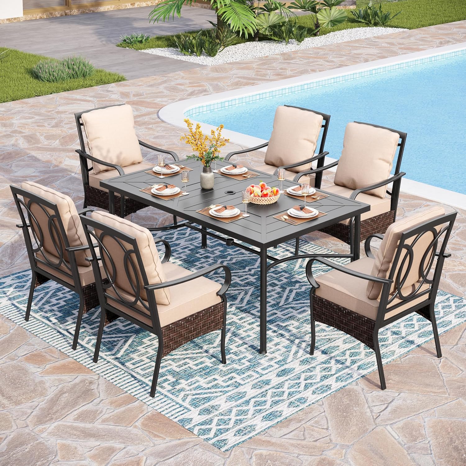 PHI VILLA 6-Piece Outdoor Dining Sets, All-Weather Patio Table and Chairs Set with Umbrella for 4, Heavy Duty Patio Round Table Set for Deck, 4 Extra Large Outdoor Swivel Chairs with Thick Cushions