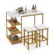 3 Pieces Gold Bar Table Set for 2 with 3-Tier Storage Shelves