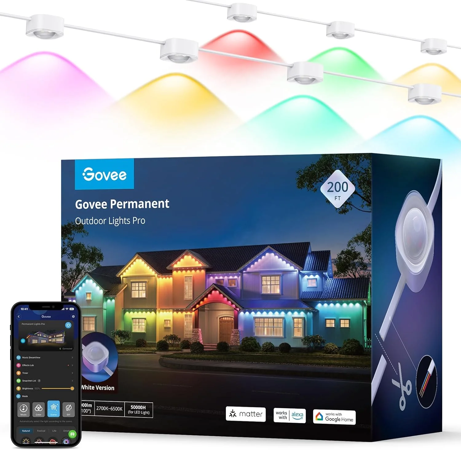 Govee Permanent Outdoor Lights Pro, 100ft with 60 RGBIC LED Lights for Daily and Accent Lighting, 75 Scene Modes for Halloween, IP67 Waterproof, Works with Alexa, Google Assistant, Matter, White