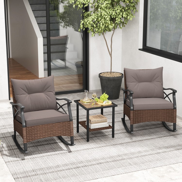 3 Pieces Outdoor Rattan Rocking Chairs Set with  2-Tier Side Table for Garden Backyard