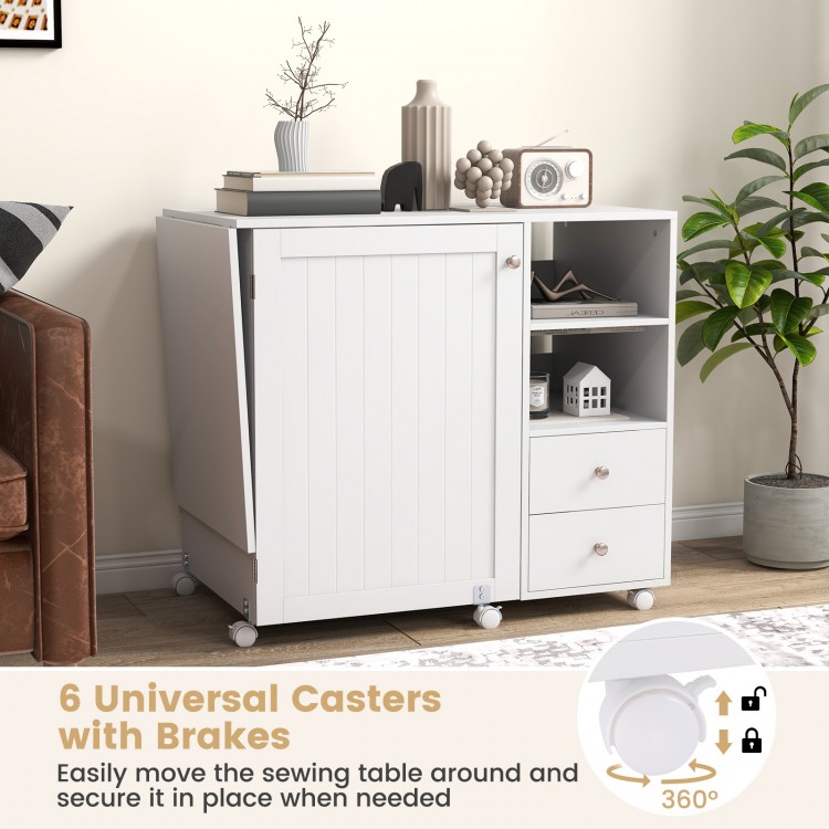 Folding Sewing Table with Charging Station and Storage Shelves