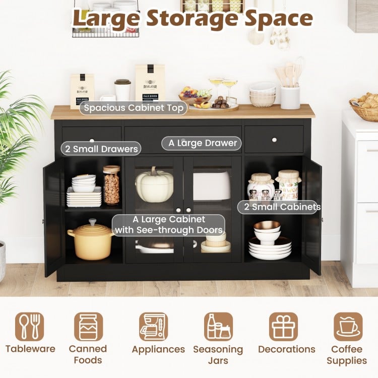 55 inch Large Buffet Sideboard Kitchen Storage Cabinet with 3 Drawers 2 See-through Doors Adjustable Shelves Wine Bar Table