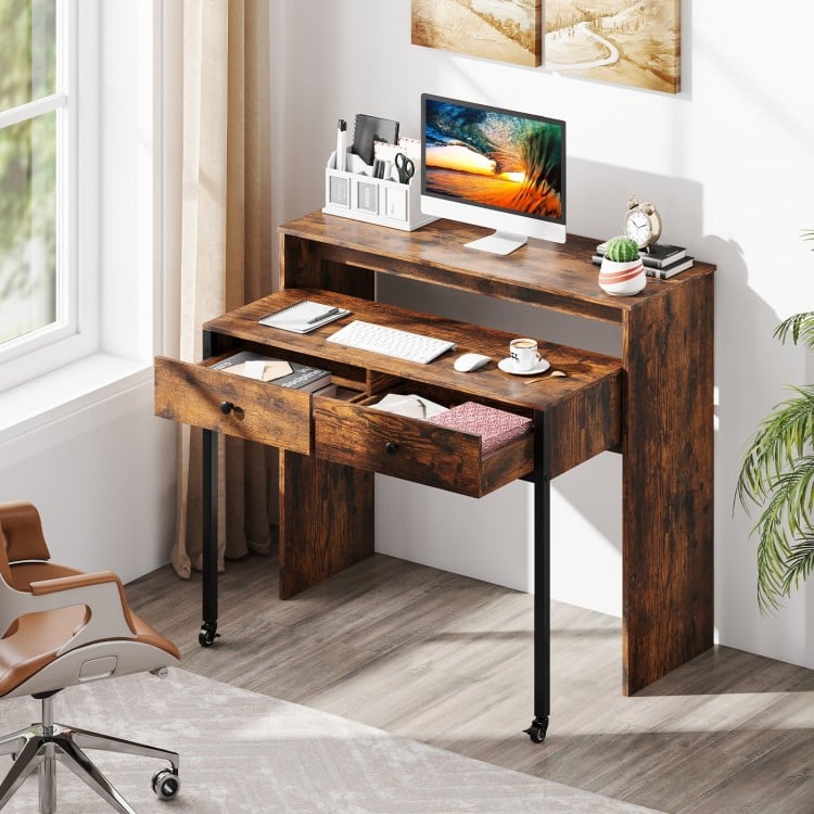 Extendable Computer Desk with 2 Storage Drawers Convertible Home Office Rolling Study Writing Desk
