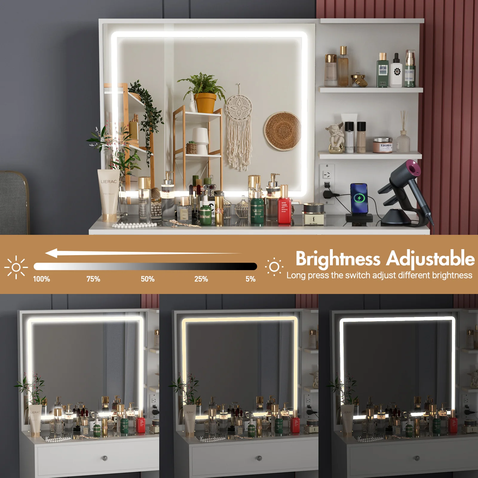 Dressing Table Stool Set Glass Tabletop