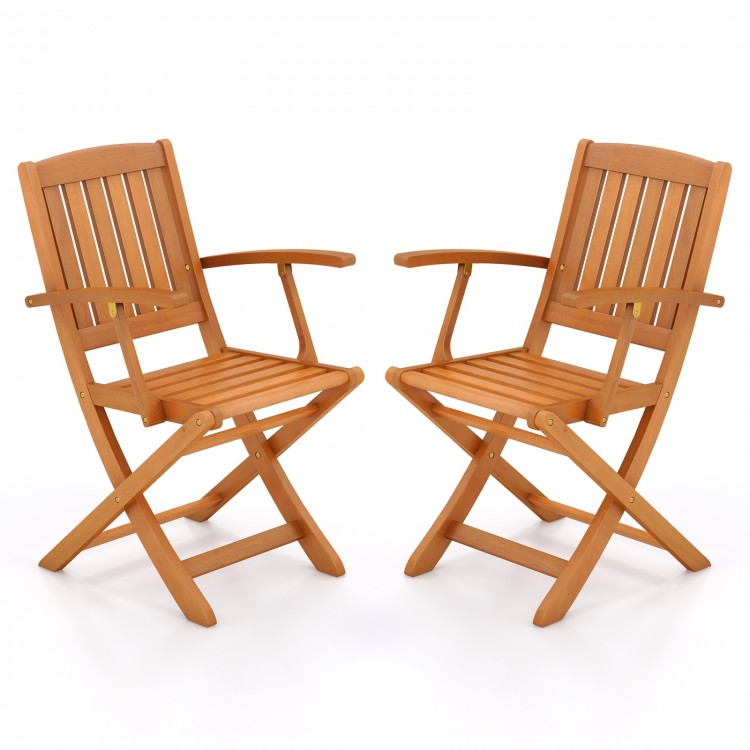 Patio Wood Folding Chair Set of 2 with Armrests and Slatted Seat