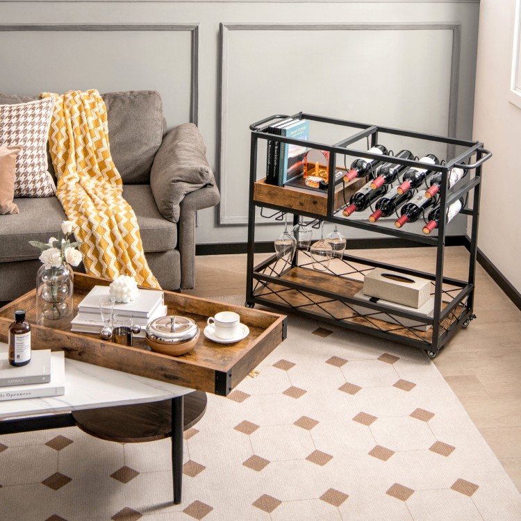 3-Tier Rolling Bar Cart with Removable Tray and Wine Rack