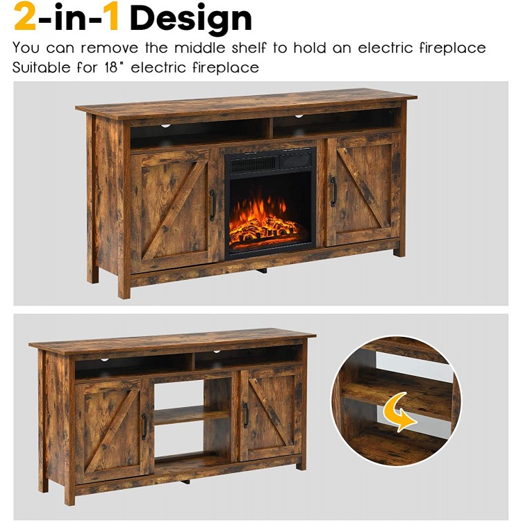 60 Inch Industrial Fireplace TV Stand with Shelve and Cabinet for TVs Up to 65 Inches
