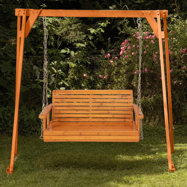 2-Person Wooden Porch Swing with Hanging Chains for Garden Yard