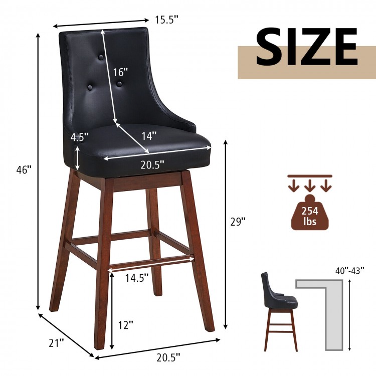 2 Pieces 29 Inch Pub Height Swivel Upholstered Bar Stools with Wood Legs