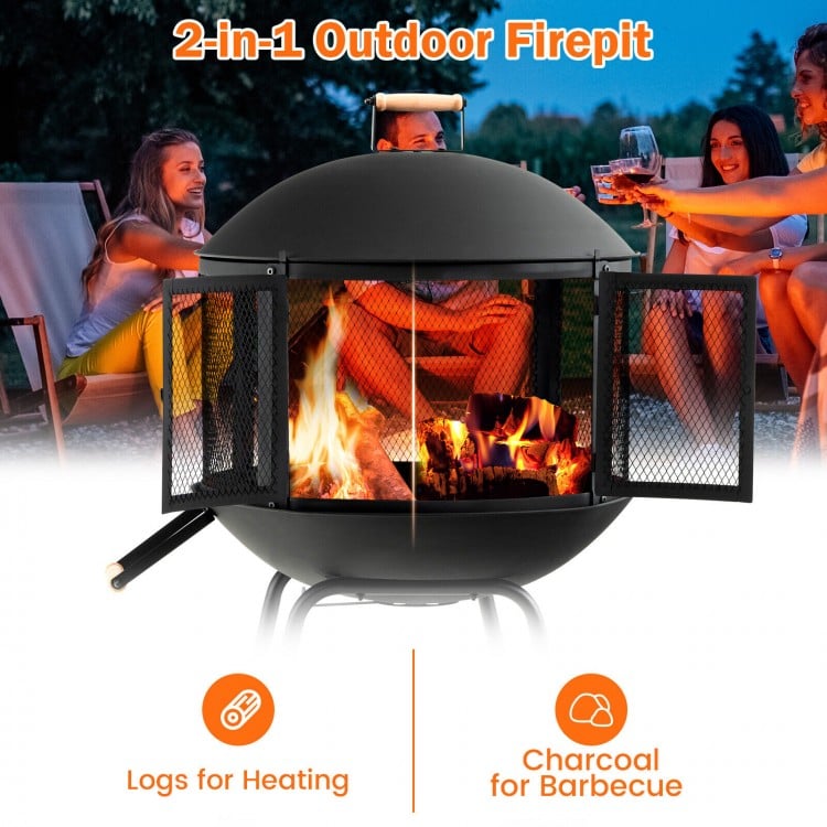 28 Inch Portable Fire Pit on Wheels with Log Grate