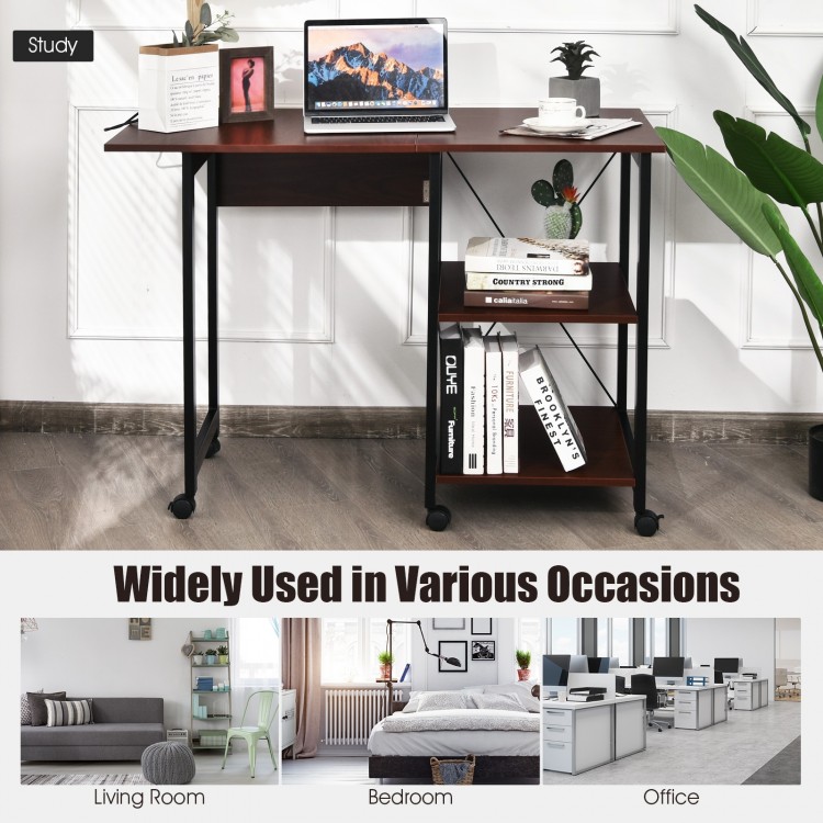 Rolling Folding Computer Desk with Storage Shelves