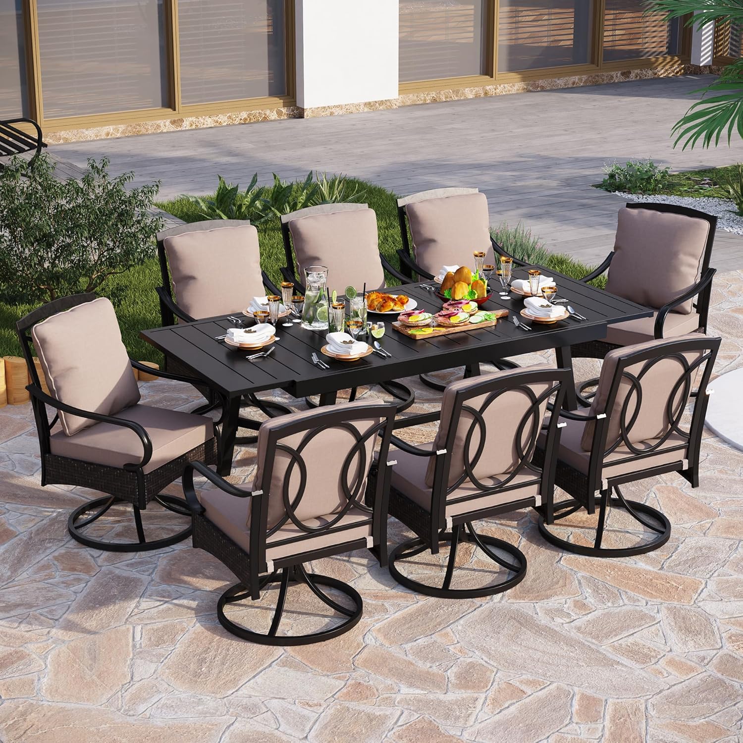 PHI VILLA 6-Piece Outdoor Dining Sets, All-Weather Patio Table and Chairs Set with Umbrella for 4, Heavy Duty Patio Round Table Set for Deck, 4 Extra Large Outdoor Swivel Chairs with Thick Cushions
