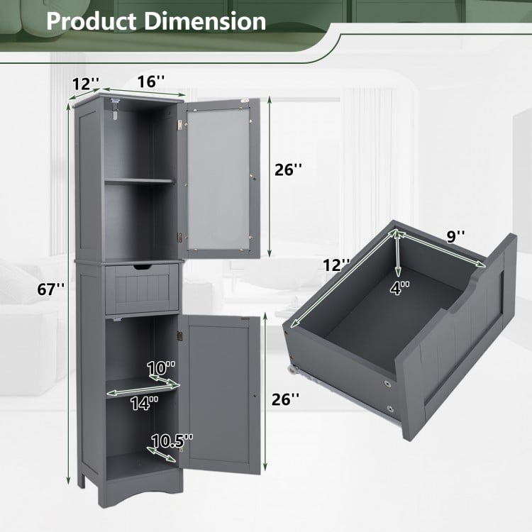 Tall Floor Storage Cabinet with 2 Doors and 1 Drawer for Bathroom