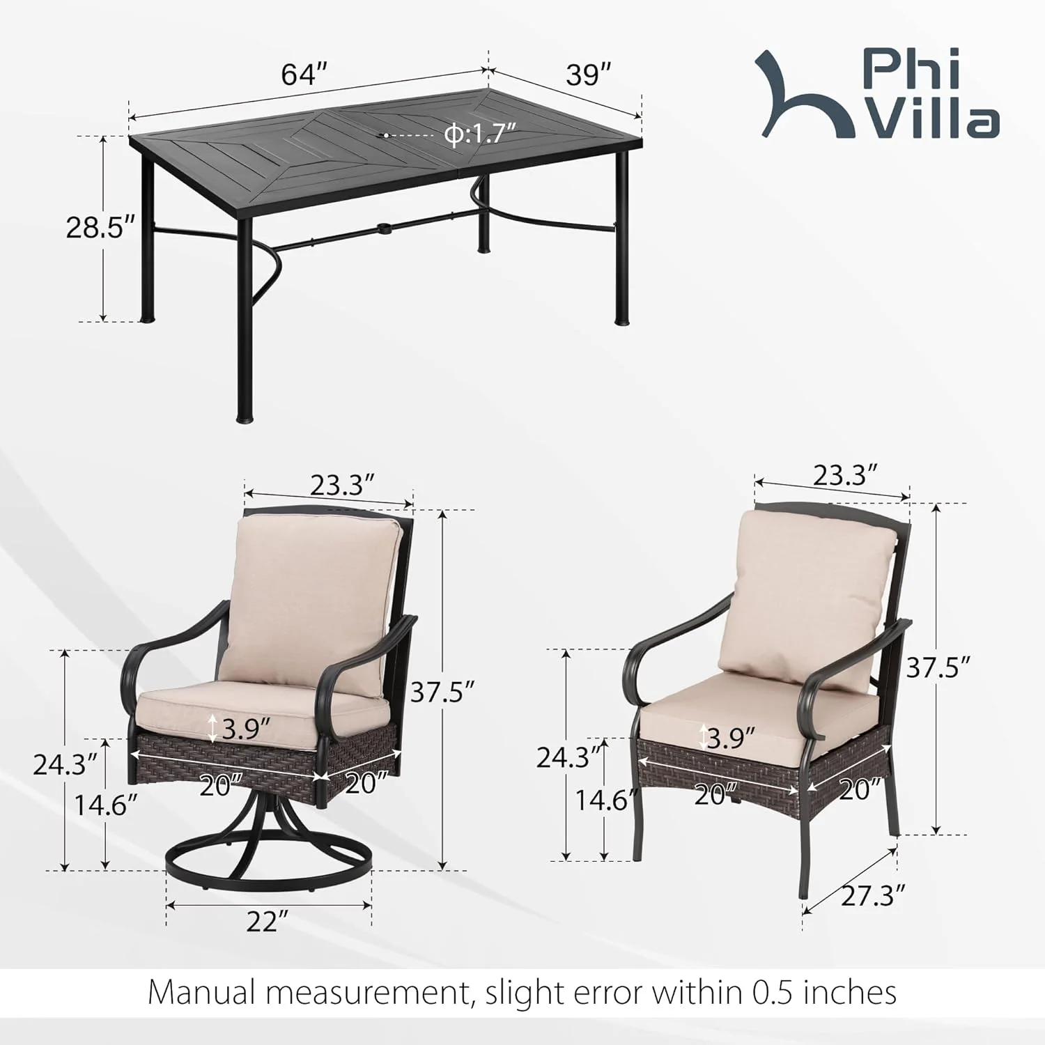PHI VILLA 6-Piece Outdoor Dining Sets, All-Weather Patio Table and Chairs Set with Umbrella for 4, Heavy Duty Patio Round Table Set for Deck, 4 Extra Large Outdoor Swivel Chairs with Thick Cushions