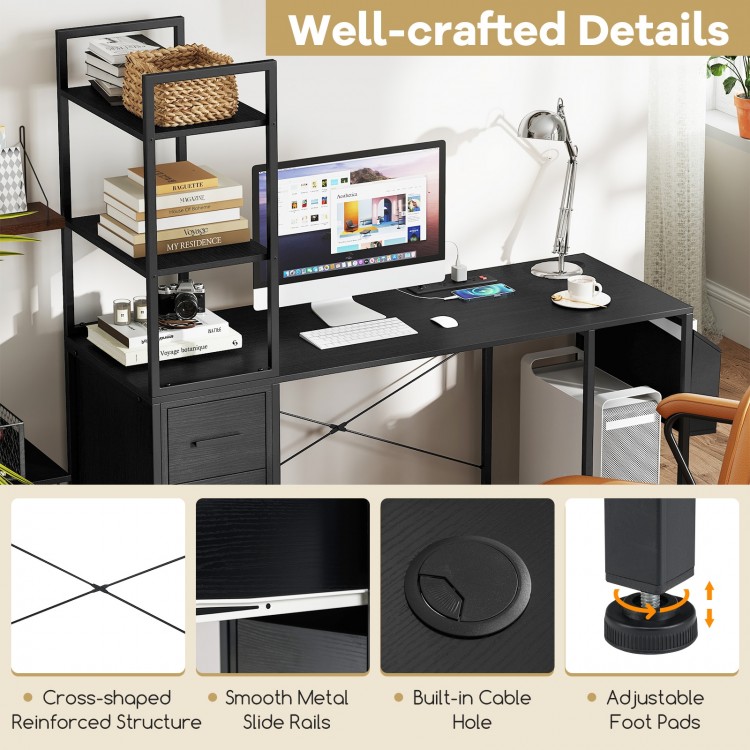 Office Desk with LED Lights and Power Outlets Computer Desk with Open Shelves